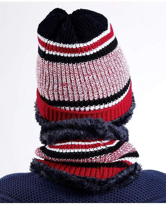Pine Kids Woollen Cap Gloves and Muffler Set with Stripes Design Red & White - Diameter 18 cm