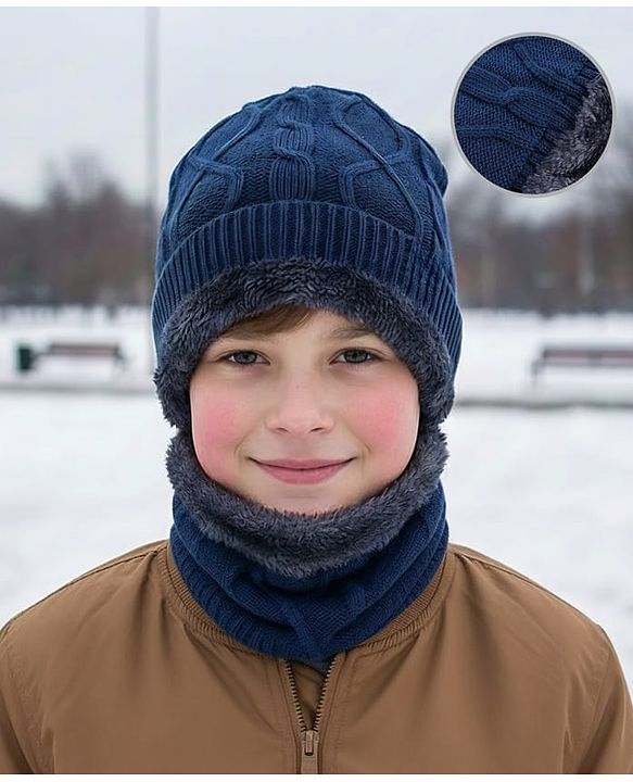Pine Kids Knit Solid Woollen Cap & Muffler Navy Blue - Diameter 15 cm