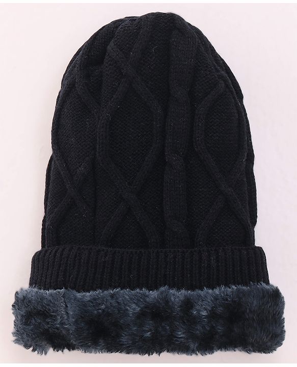 Pine Kids Knitted Solid Woollen Cap & Muffler Black - Diameter 18 cm