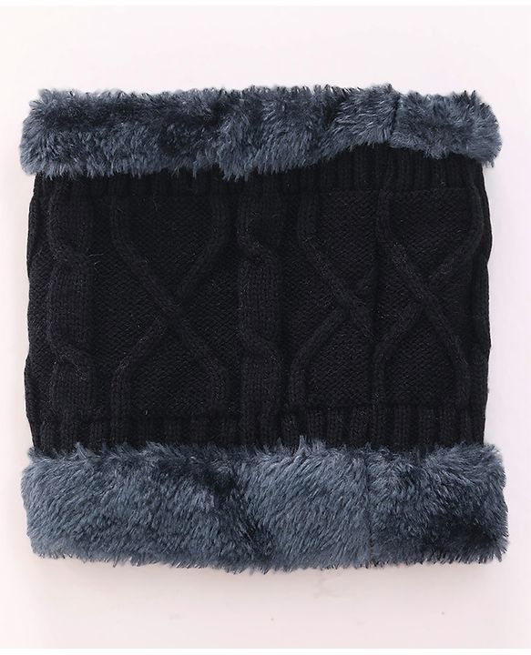 Pine Kids Knitted Solid Woollen Cap & Muffler Black - Diameter 18 cm