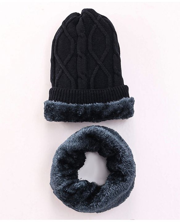 Pine Kids Knitted Solid Woollen Cap & Muffler Black - Diameter 18 cm