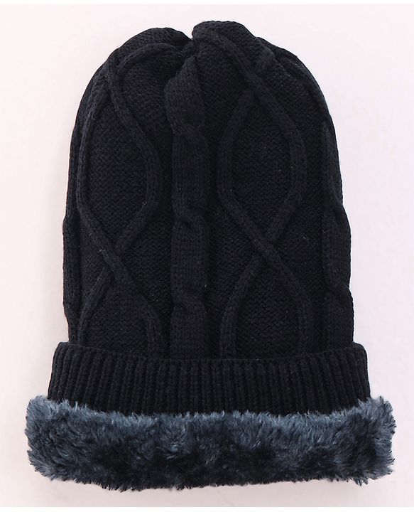 Pine Kids Knitted Solid Woollen Cap & Muffler Black - Diameter 18 cm