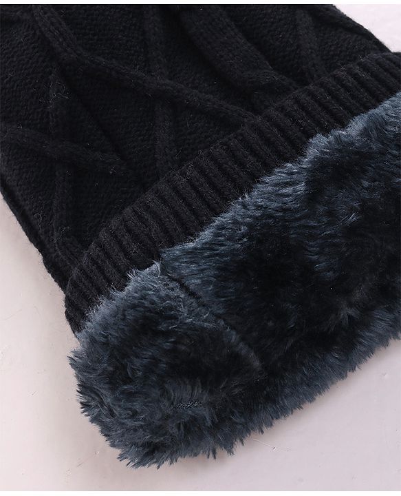 Pine Kids Knitted Solid Woollen Cap & Muffler Black - Diameter 18 cm