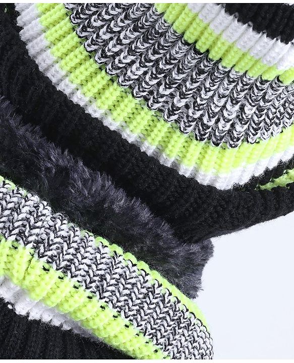 Pine Kids Knit Woollen Cap and Muffler Set with Stripes Design Black & White - Diameter 20 cm