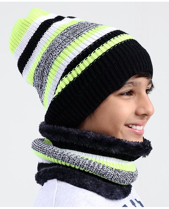 Pine Kids Knit Woollen Cap and Muffler Set with Stripes Design Black & White - Diameter 20 cm