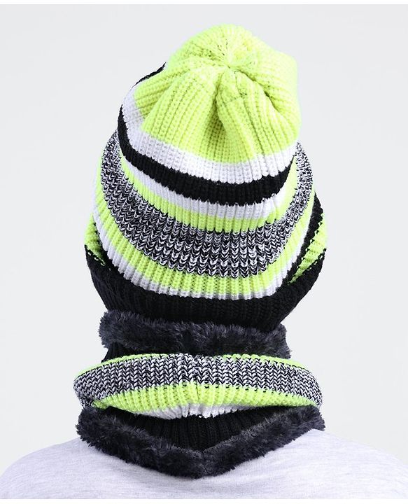 Pine Kids Knit Woollen Cap and Muffler Set with Stripes Design Black & White - Diameter 20 cm