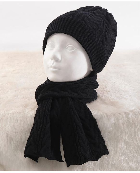 Pine Kids Knitted Solid Woollen Cap & Muffler Black - Diameter 20 cm