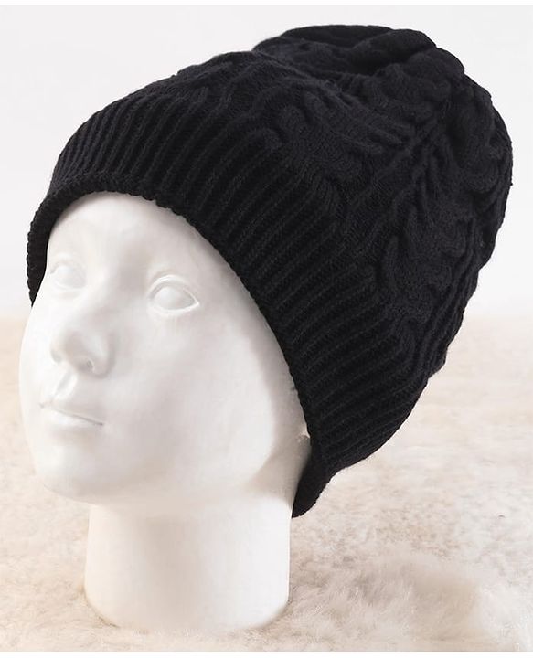 Pine Kids Knitted Solid Woollen Cap & Muffler Black - Diameter 20 cm