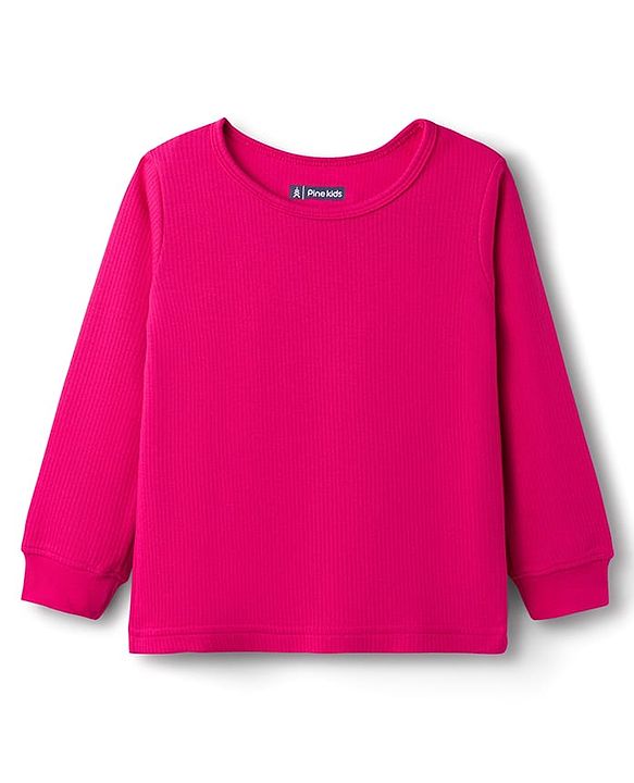 Pine Kids Knit Full Sleeves Solid Color Pullover Thermal Inner Wear Set - Dark Pink