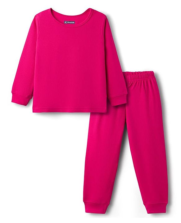 Pine Kids Knit Full Sleeves Solid Color Pullover Thermal Inner Wear Set - Dark Pink