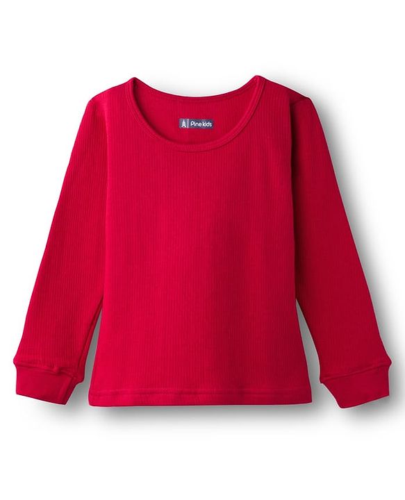 Pine Kids Cotton Knit Full Sleeves Solid Pullover Thermal Set - Red