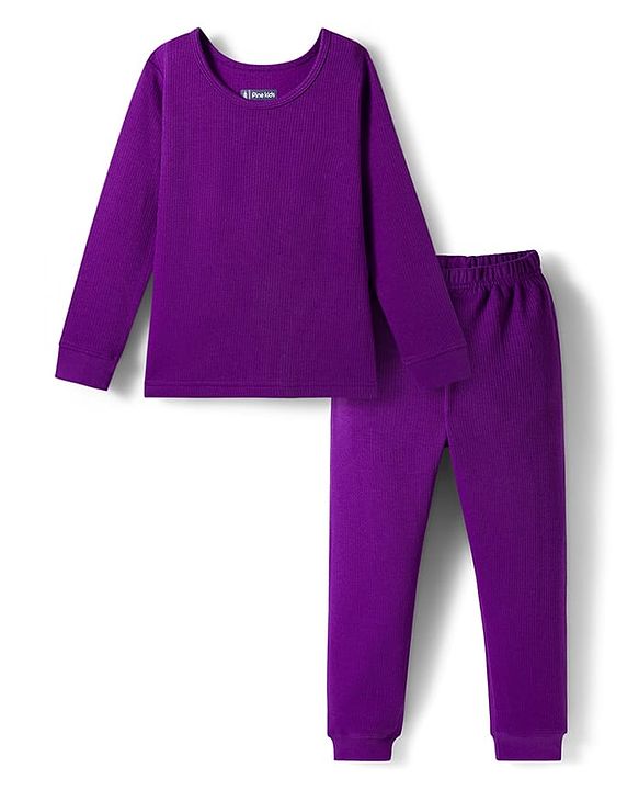 Pine Kids Knit Full Sleeves Solid Pullover Thermal Set - Imperial Purple