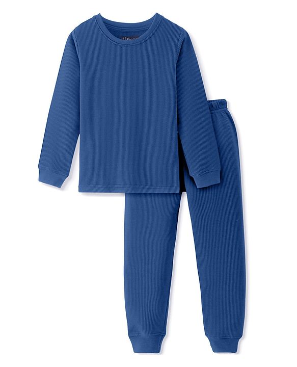 Pine Kids Cotton Knit Full Sleeves Solid Coloured Thermal Wear Set - Navy Blue