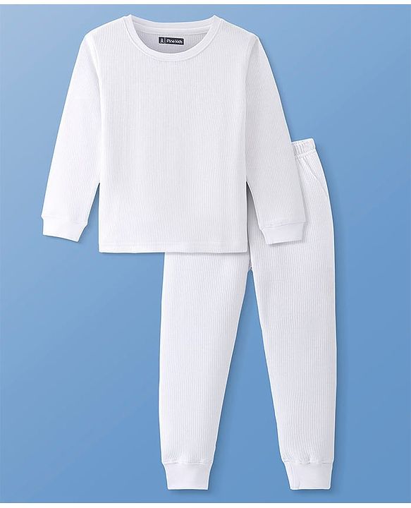 Pine Kids Cotton Knit Full Sleeves Solid Pullover Thermal Set - White