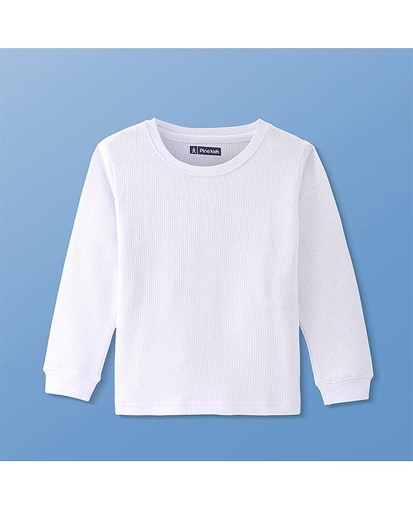 Pine Kids Cotton Knit Full Sleeves Solid Pullover Thermal Set - White