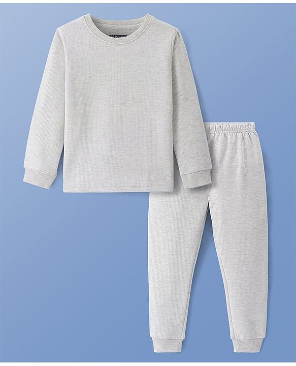 Pine Kids Cotton Knit Full Sleeves Solid Coloured Thermal Wear Set - Grey