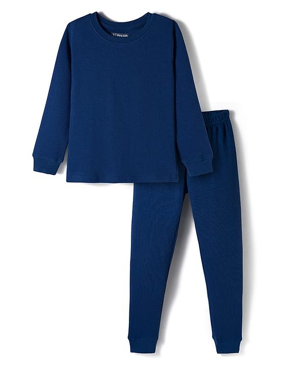Pine Kids Cotton Knit Full Sleeves Solid Color Pullover Thermal Set - Navy Blue