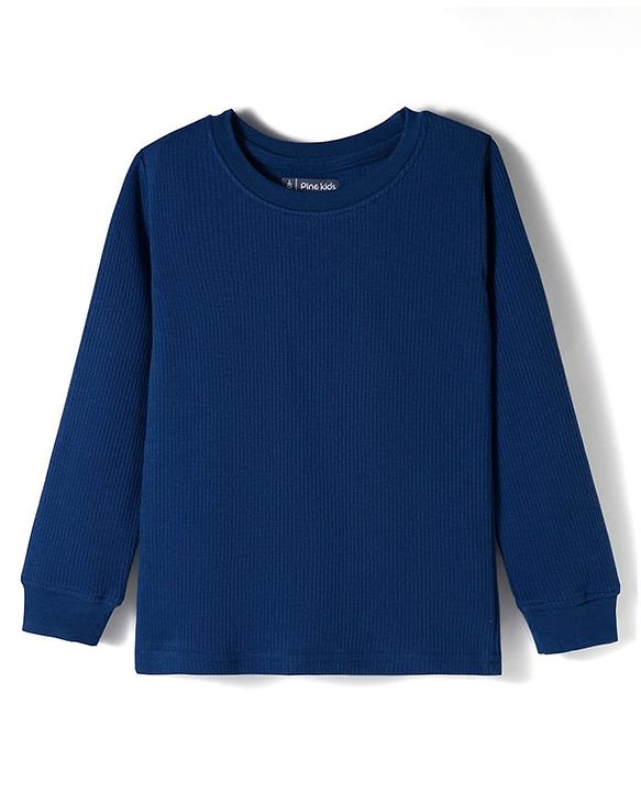 Pine Kids Cotton Knit Full Sleeves Solid Color Pullover Thermal Set - Navy Blue