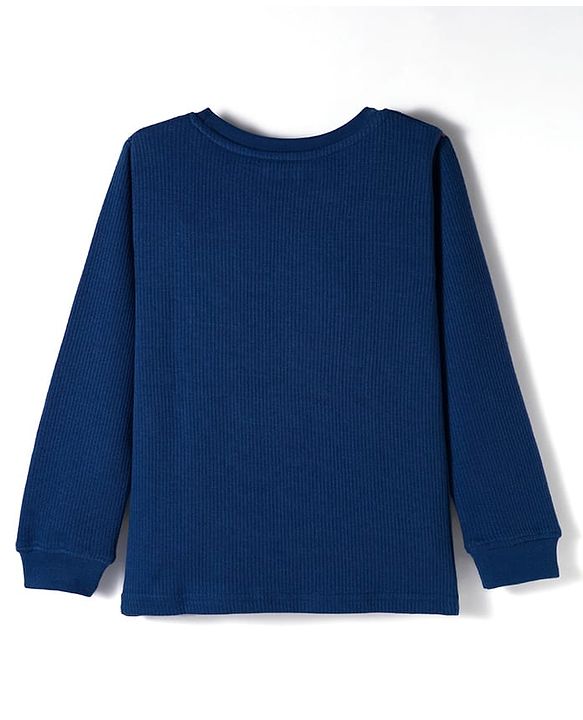 Pine Kids Cotton Knit Full Sleeves Solid Color Pullover Thermal Set - Navy Blue