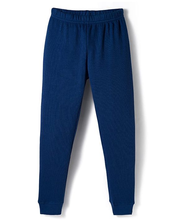 Pine Kids Cotton Knit Full Sleeves Solid Color Pullover Thermal Set - Navy Blue