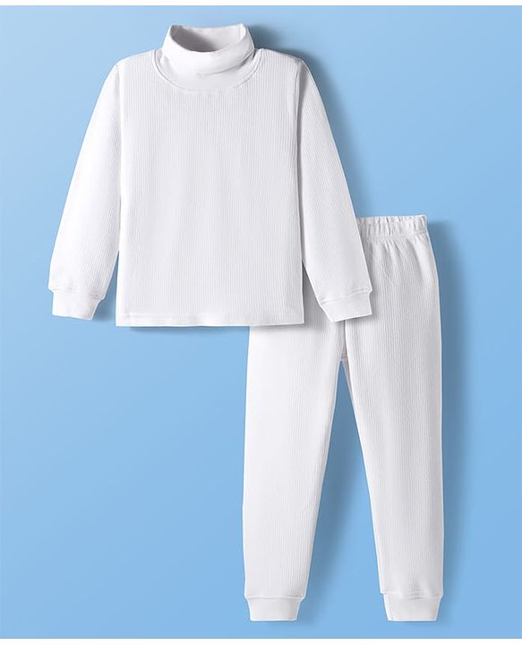 Pine Kids Cotton Knit Full Sleeves Solid Color Turtle Neck Pullover Thermal Set - White