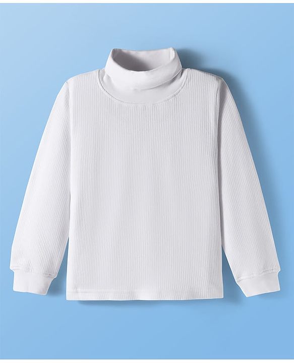 Pine Kids Cotton Knit Full Sleeves Solid Color Turtle Neck Pullover Thermal Set - White
