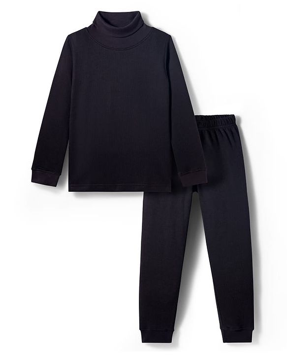 Pine Kids Knit Full Sleeves Solid Color Turtle Thermal Wear Set - Black