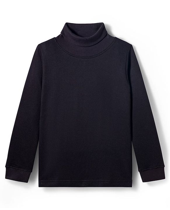 Pine Kids Knit Full Sleeves Solid Color Turtle Thermal Wear Set - Black