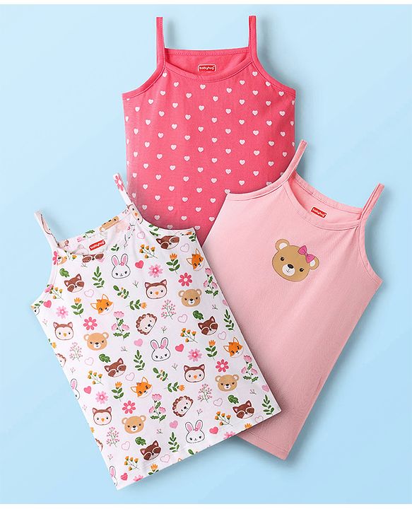 Babyhug 100% Cotton Knit Antibacterial Sleeveless Heart & Animal Printed Slips Pack of 3 - Pink & White