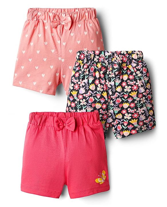 Babyhug Single Jersey Knit Shorts With Floral Hearts & Butterfly Print & Bow Applique Pack Of 3 - Multi Colour