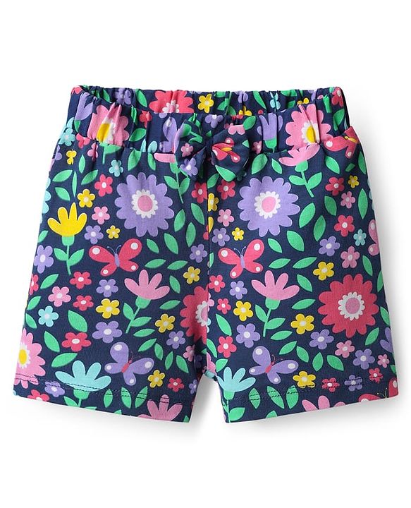 Babyhug Cotton Single Jersey Knit Shorts with Polka Dot Design Floral & Butterfly Print - Pack of 3 - Pink Yellow & Black