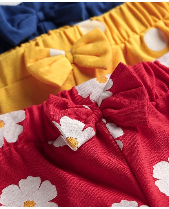 Babyhug Cotton Single Jersey Knit Shorts With Floral & Polka Dot Print Pack Of 3 - Yellow Red & Navy Blue