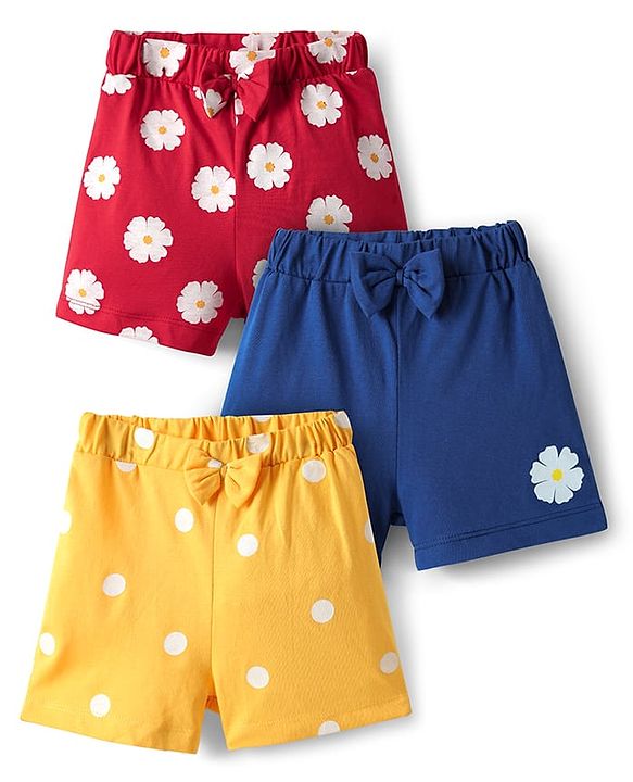 Babyhug Cotton Single Jersey Knit Shorts With Floral & Polka Dot Print Pack Of 3 - Yellow Red & Navy Blue