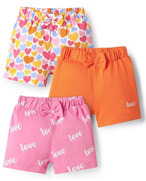 Babyhug Single Jersey Knit Shorts With Hearts Print & Bow Applique Pack Of 3 - Orange Pink & White