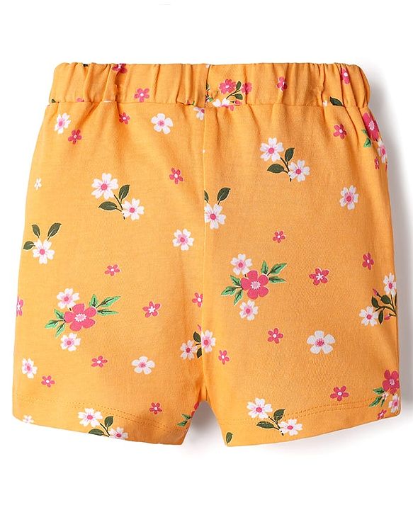 Babyhug Cotton Single Jersey Knit Floral & Polka Dot Printed Shorts With Bow Applique Pack of 3 - Pink Yellow & Green