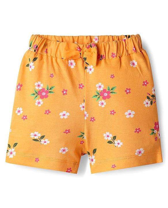Babyhug Cotton Single Jersey Knit Floral & Polka Dot Printed Shorts With Bow Applique Pack of 3 - Pink Yellow & Green