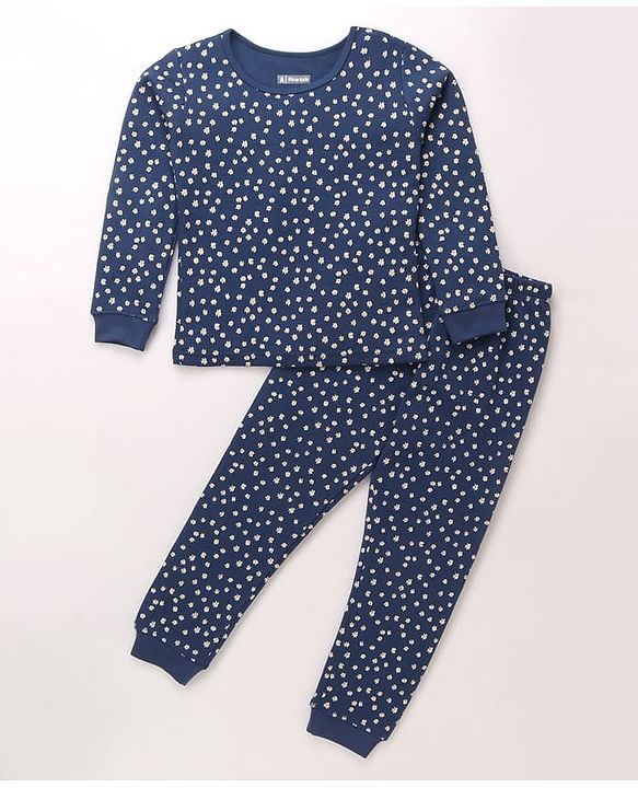 Pine Kids Cotton Knit Full Sleeves Thermal Vest & Pant Set with Floral Print - Navy Blue