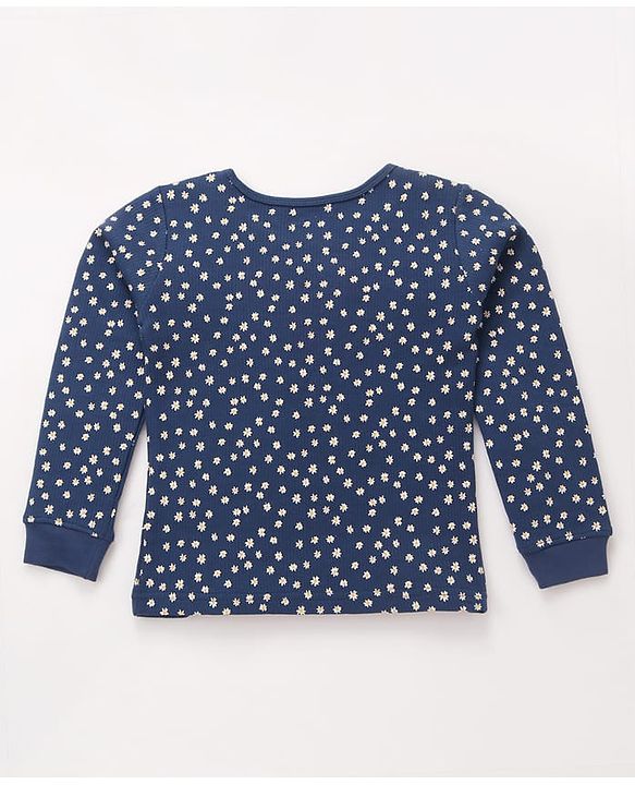 Pine Kids Cotton Knit Full Sleeves Thermal Vest & Pant Set with Floral Print - Navy Blue