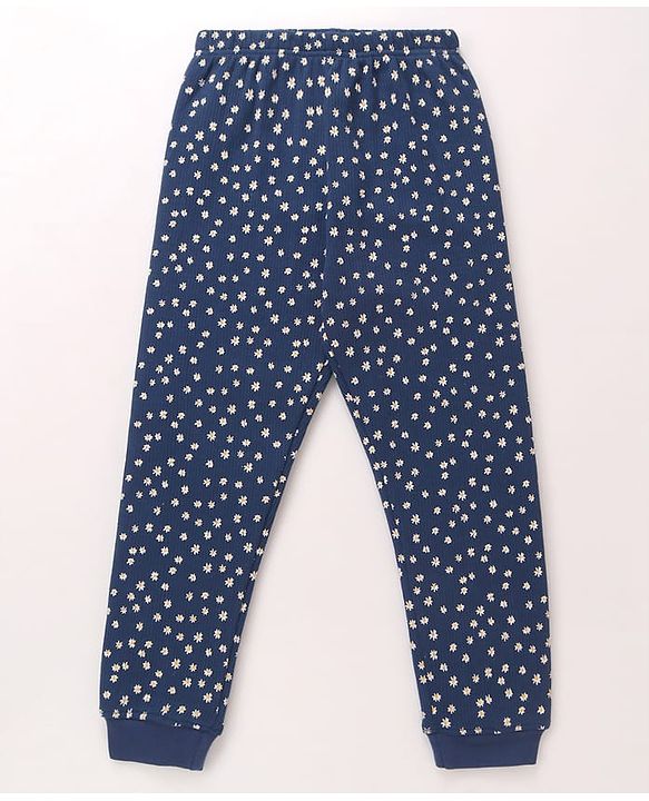 Pine Kids Cotton Knit Full Sleeves Thermal Vest & Pant Set with Floral Print - Navy Blue