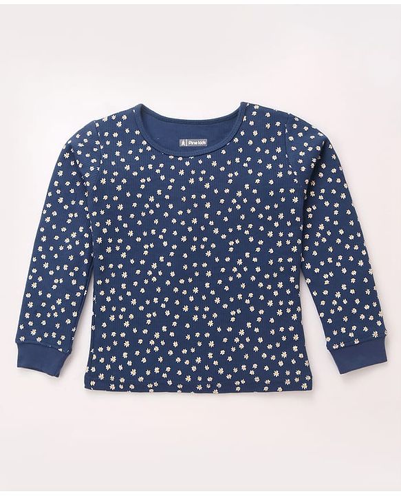 Pine Kids Cotton Knit Full Sleeves Thermal Vest & Pant Set with Floral Print - Navy Blue
