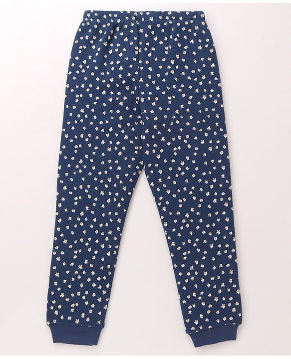 Pine Kids Cotton Knit Full Sleeves Thermal Vest & Pant Set with Floral Print - Navy Blue
