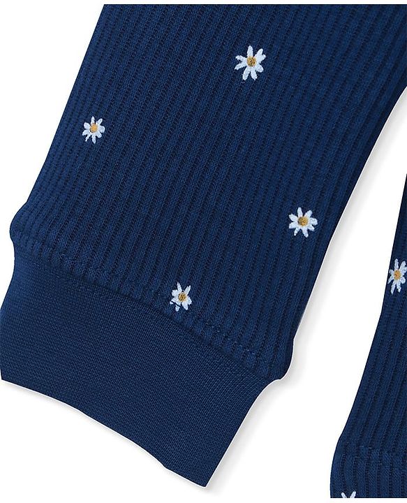 Pine Kids Cotton Knit Full Sleeves Thermal Vest & Pant Set with Floral Print - Navy Blue
