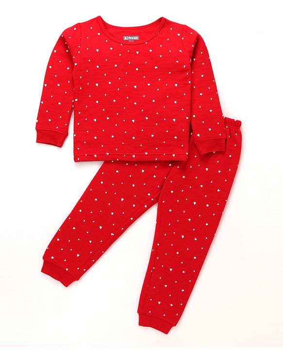 Pine Kids Cotton Knit Full Sleeves Thermal Vest & Pant Set with Floral Print - Navy Blue