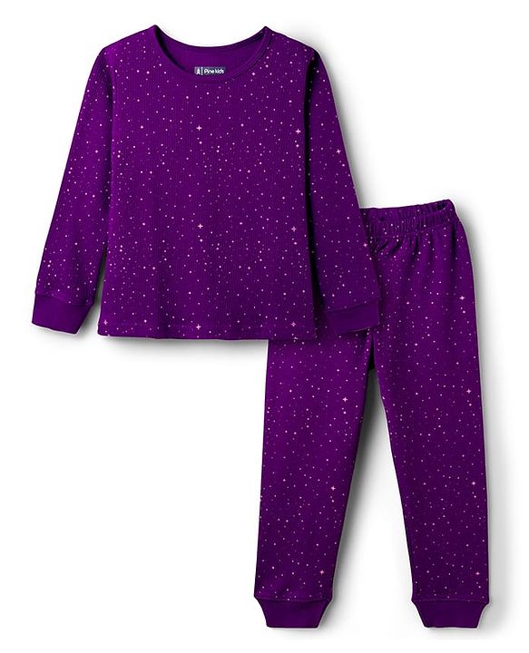 Pine Kids Cotton Knit Full Sleeves Thermal Vest & Pant Set with Floral Print - Navy Blue