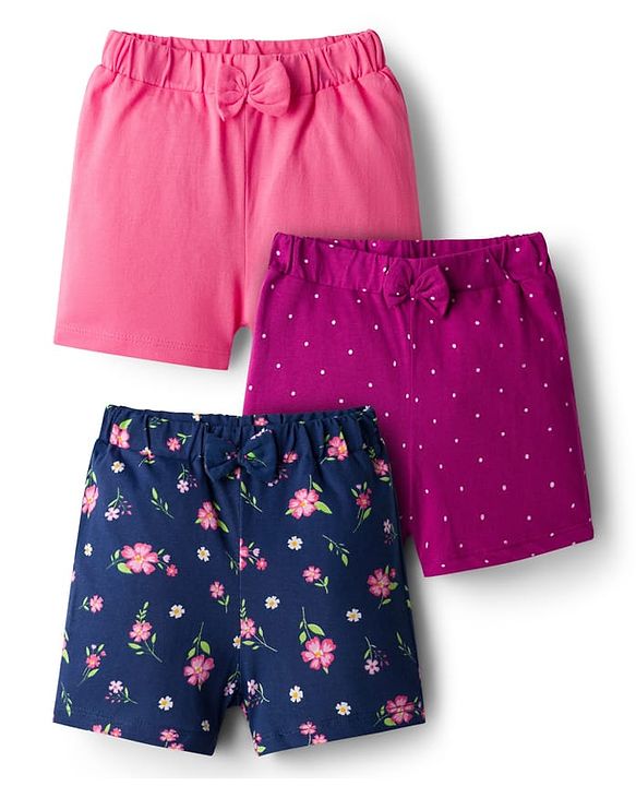 Babyhug Single Jersey Knit Shorts With Floral Print Pack Of 3 - Navy Blue & Pink