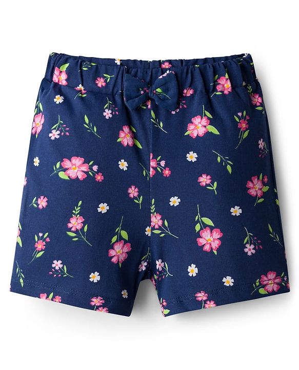 Babyhug Single Jersey Knit Shorts With Floral Print Pack Of 3 - Navy Blue & Pink