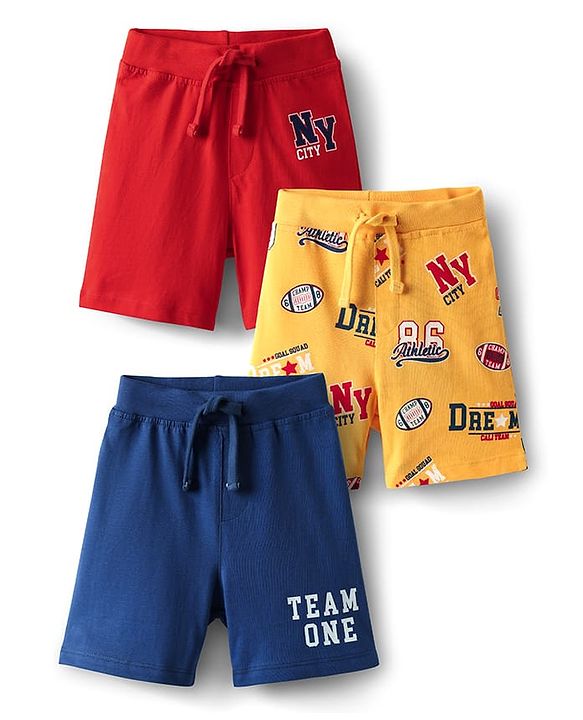 Babyhug Single Jersey Knit Text Printed Shorts Pack of 3 - Red Yellow & Blue