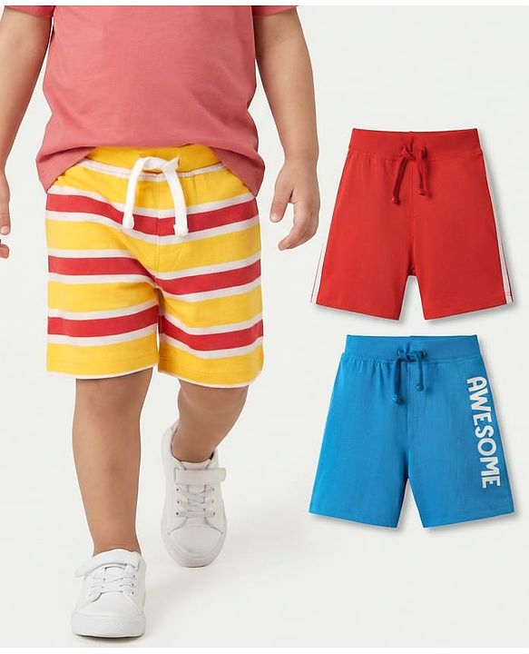 Babyhug Cotton Single Jersey Knit Shorts with Text Print Stripes & Tape Detailing Pack of 3 - Red Yellow & Blue