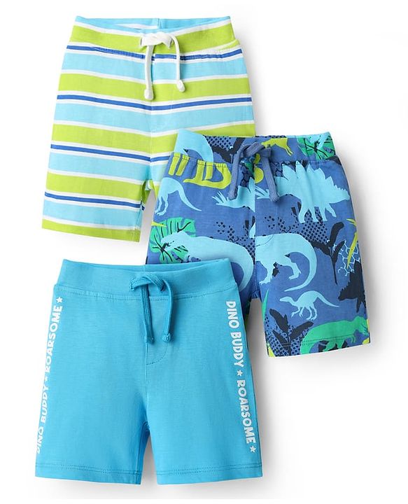 Babyhug Single Jersey Knit Shorts With Stripes & Dino Print Pack Of 3 - Light Blue Green & Navy Blue
