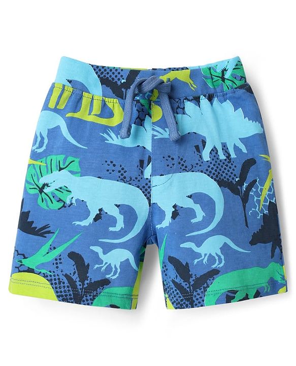 Babyhug Single Jersey Knit Shorts With Stripes & Dino Print Pack Of 3 - Light Blue Green & Navy Blue